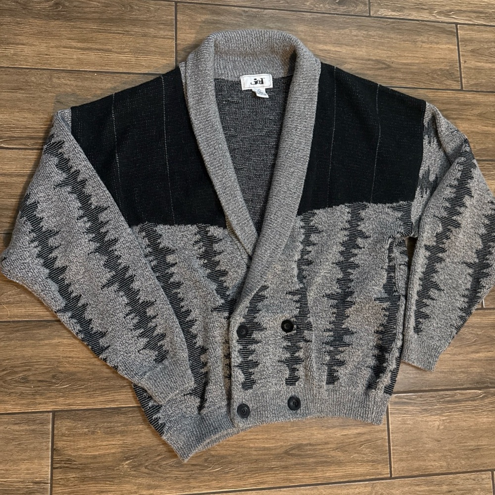 Jed Vintage Gray Geometric Patterned Button Cardigan Mens Size Large Wool Blend
